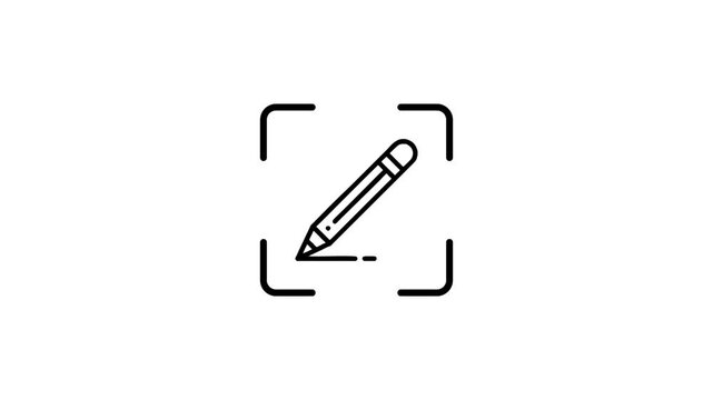 Pencil icon inside digital scanner frame animation showing document editing or creative design process on white background.