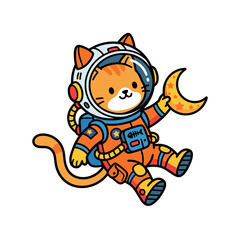 Fototapeta premium Isolated pixel art astronaut cat in orange spacesuit floating in space holding a crescent moon, gaming aesthetic, digital illustration for stickers and apparel