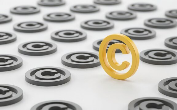 Yellow copyright symbol among gray ones isolated on white.