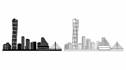 Obraz premium Malmo skyline silhouette and line art with Turning Torso, urban view