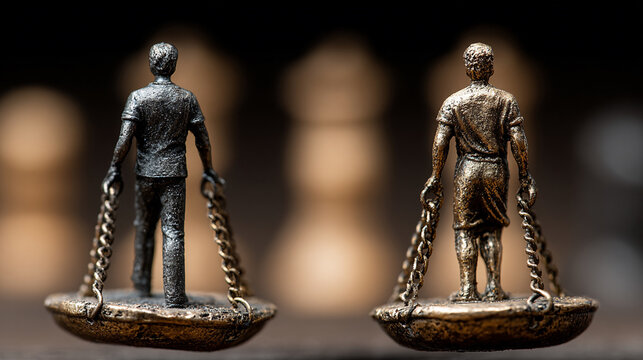Two Figurines Standing on Scales of Justice Representing Moral Reasoning and Ethical Decision Making