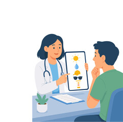Obraz premium Vector illustration of a doctor explaining summer heat safety tips to a patient, including hydration, sun protection, sunglasses, hat and sunscreen during hot weather.
