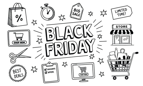 Playful hand-drawn black and white doodle set of Black Friday shopping icons promoting deals in a bright studio setting.