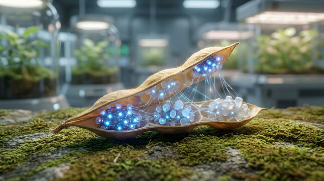 Glowing engineered seed with visible genetic code floating in an open field, futuristic agricultural optimization concept, generative AI.