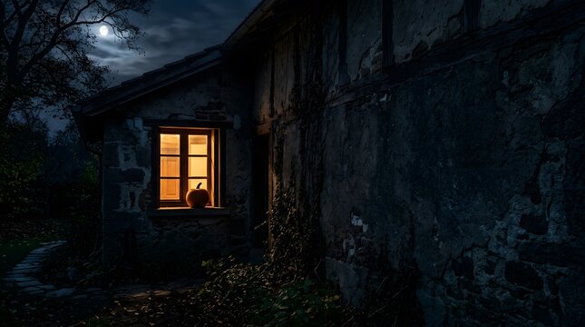 Spooky halloween night scene with glowing pumpkin in old house window under full moonlight