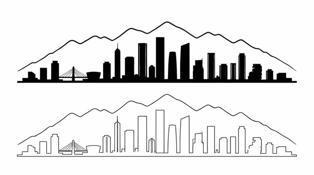 Hong Kong skyline silhouette and line art with mountain backdrop