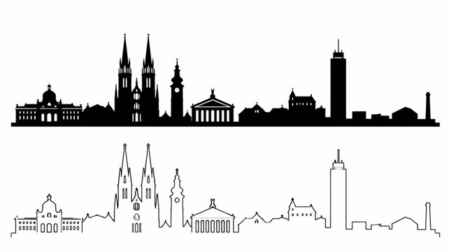 Zagreb City Skyline Silhouette with Landmark Buildings