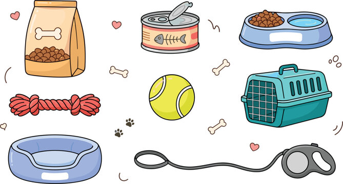 Set of flat pet supply vector icons featuring dry food bag canned fish double bowl carrier crate rope toy tennis ball bed and retractable leash