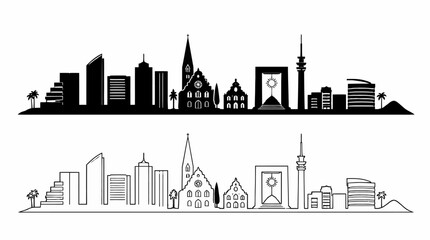 Obraz premium City Skyline Silhouette and Line Art Vector Illustration