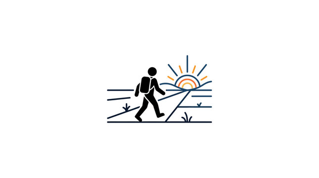 A minimalist vector illustration of a person hiking towards a sunrise