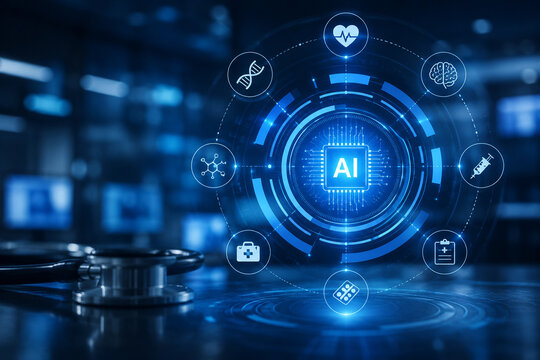 AI generated healthcare AI technology interface intelligent medical analytics digital diagnostics clinical decision support connected healthcare ecosystem smart innovation