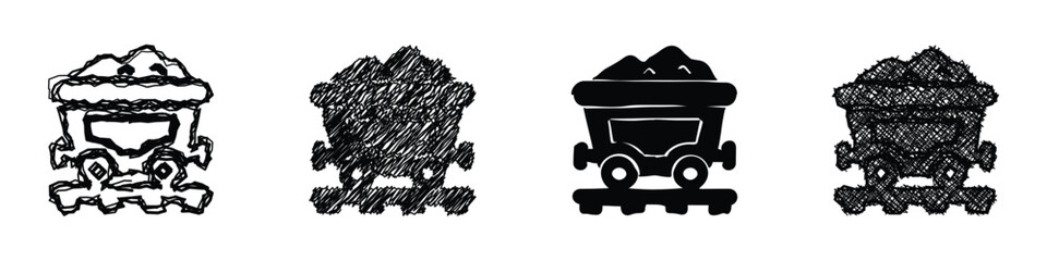 Four distinct artistic interpretations of a coal-filled mine cart on railroad tracks, showcasing varied sketch and silhouette styles © Vova7