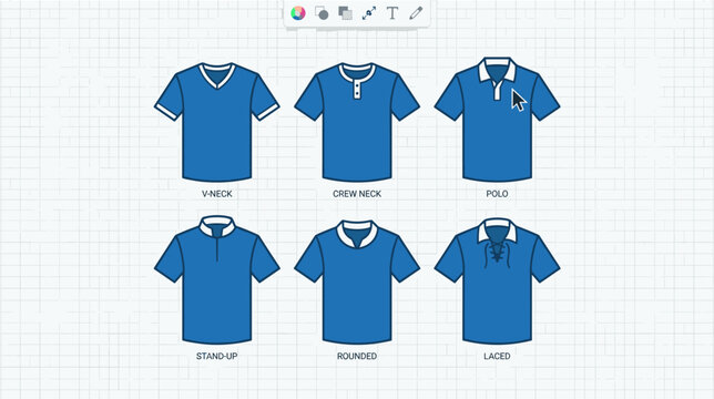 Collection of blue t shirt styles and necklines for apparel design