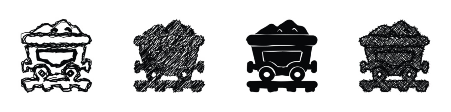 Four distinct artistic interpretations of a coal-filled mine cart on railroad tracks, showcasing varied sketch and silhouette styles