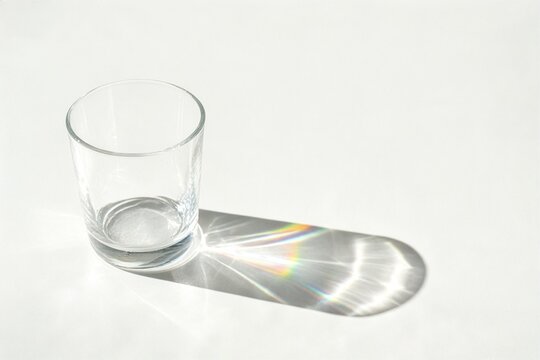 Empty Clear Drinking Glass Casting Rainbow Prism Shadow on White Background