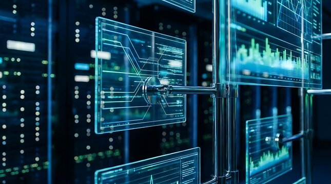 Modern digital data analytics dashboards and servers in a data center environment