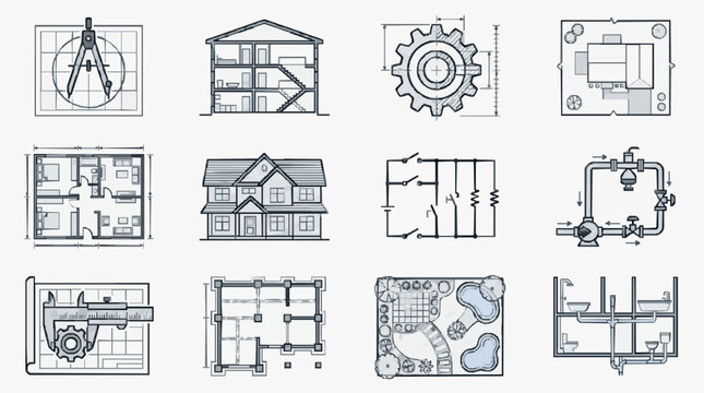 Modern Minimalist Blueprint Set Showcasing Architectural Mechanical and Civil Engineering Plans in Monochrome