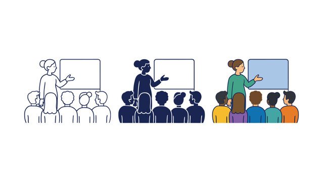 Illustrations of teachers presenting lessons to diverse student groups