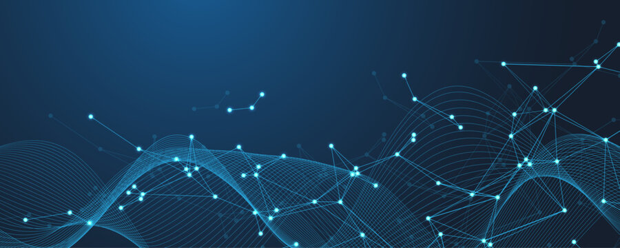 Modern digital technology background design with molecular plexus lines and dots. Futuristic global network connection. Data flow. Abstract mesh, big data technology, AI, science, cyberspace