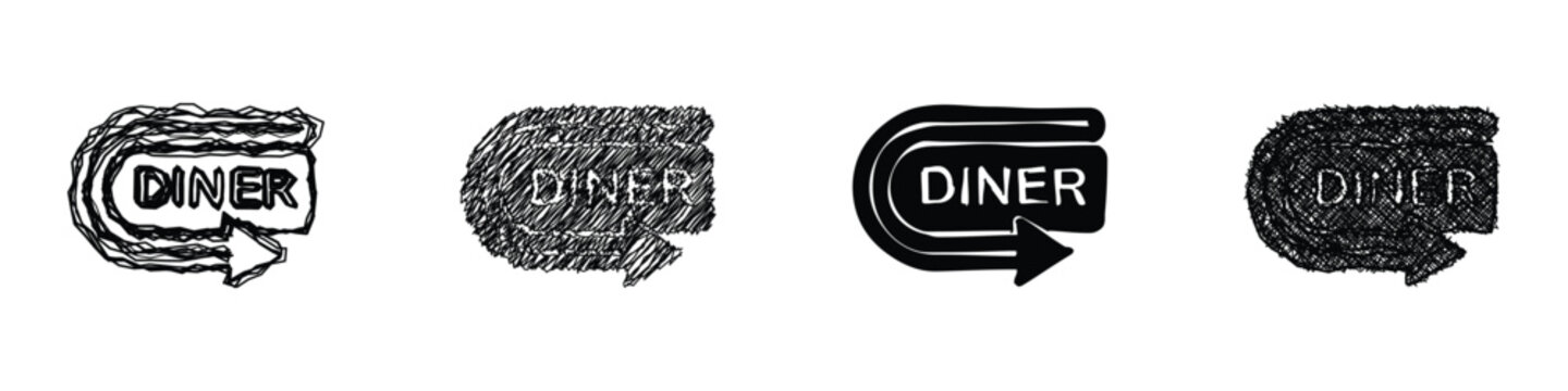 A set of four distinct diner signs, each featuring the word "DINER"" and an arrow