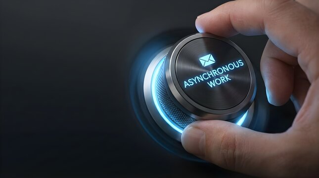 A hand adjusting a metallic dial to enable asynchronous work for modern business efficiency
