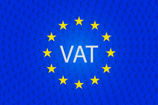 European Union VAT regulations, featuring a Euro currency symbol and EU flag stars on a dark blue background. vector illustration