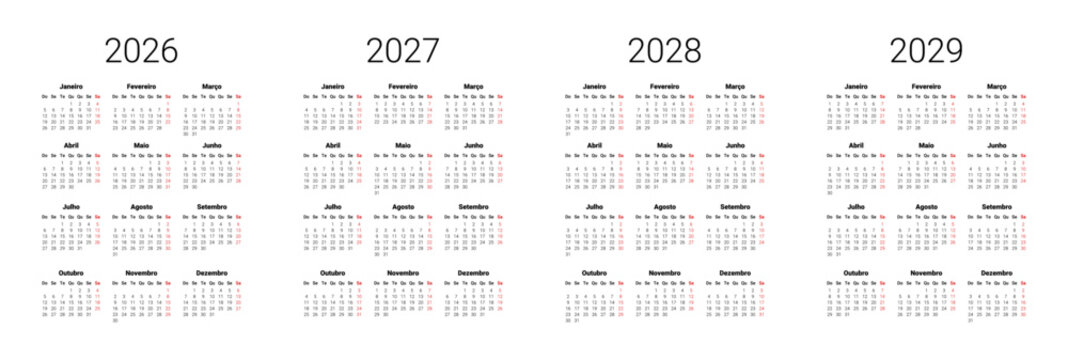 2026, 2027, 2028, 2029 Calendar in Portuguese. Calendar template for Portugal start from Monday. Full months for wall calendar, isolated wall background