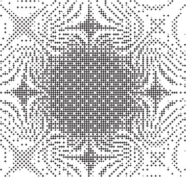 Retro 8-bit glitch wave texture. Black and white plus sign screentone dither backdrop with hypnotic digital warp effect