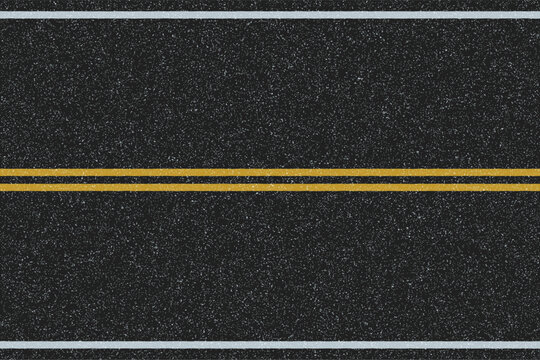 Double solid yellow line road texture. Top down view of two way asphalt highway with strict no passing zone markings. Seamless textured asphalt surface backdrop. Rough grainy road design.