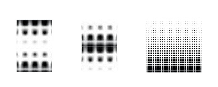 Retro 8-bit square gradient progression set. Monochrome pixel halftone. Abstract geometric disintegrating block collection. Black and white random square screentone dither