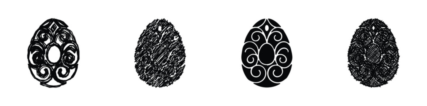 A set of four distinct black and white graphic illustrations of Easter eggs, showcasing varied decorative patterns and textures