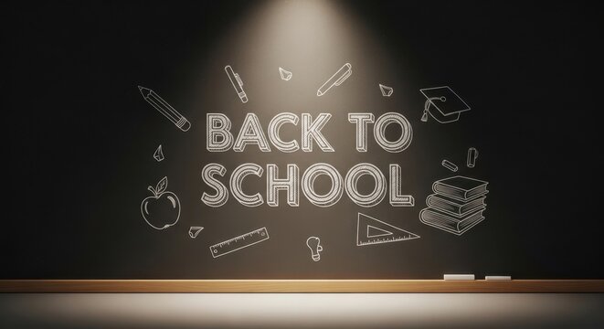 Back to School Chalkboard with Educational Supplies and Spotlight.