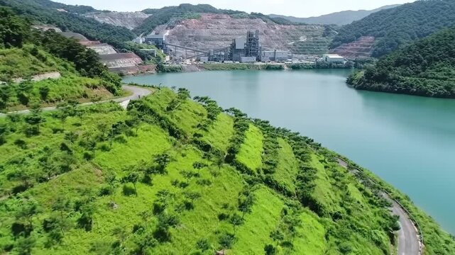 Aerial view of a serene landscape with a large body of water surrounded by lush greenery and a mountainous terrain with a road winding through it.