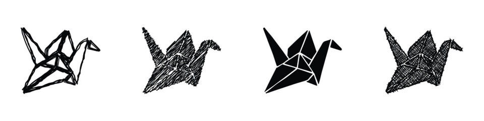 Obraz premium A collection of four distinct artistic interpretations of the origami crane, showcasing varied sketching and filling techniques