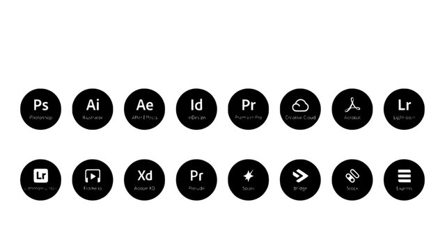 Collection of Black Circular Icons Representing Creative Software Applications and Tools, Vector Graphic