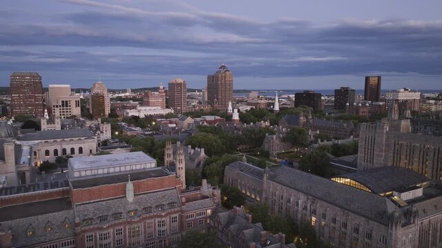 Aerial view of New Haven on an overcast day. Shot in Connecticut during the summer