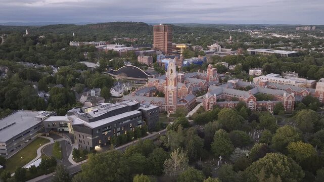 Drone shot of Yale University. Shot in New Haven, Connecticut on a summer day