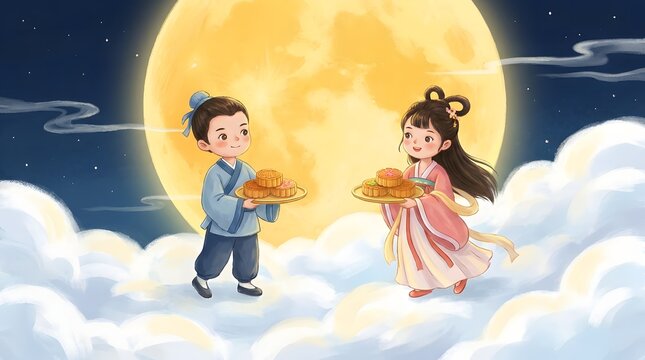 Mid autumn festival illustration children with mooncakes and a full moon