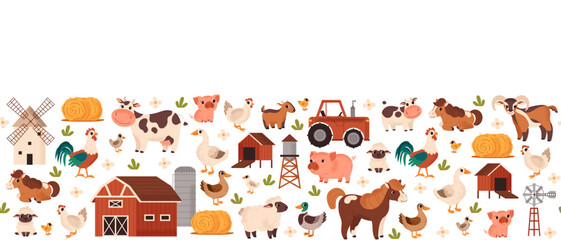 Farm animal banner. Seamless boarder. Cute cartoon pets. Various animals and farm equipment. Cow, horse, pig, sheep, goose, and goat. Barn, tractor, mill, and hay. © FRIEVA