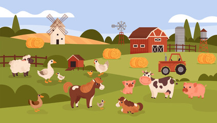 Farm animal banner. Landscape. Cute cartoon pets. Various animals and farm equipment. Cow, horse, pig, sheep, goose. Barn, tractor, mill, and hay. Vector illustration. © FRIEVA