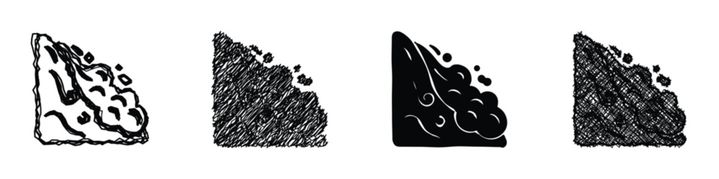 A set of four graphic representations illustrating the concept of a landslide or rockfall, each rendered with a unique visual approach