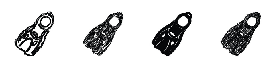 A set of four distinct icons representing swimming fins, showcasing varied artistic interpretations from sketch to solid silhouette © Vova7