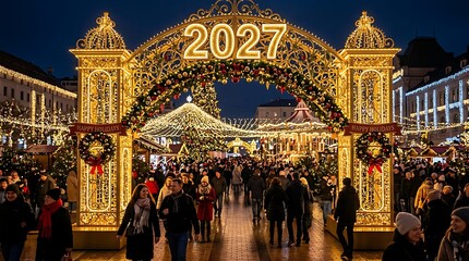 Obraz premium Happy new year 2027 celebration festive street market with illuminated arch and holiday decorations