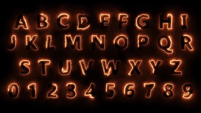Alphabet text animation from a to z on transparent background, neon glowing alphabet fire sign animated text from A to Z with alpha channel .