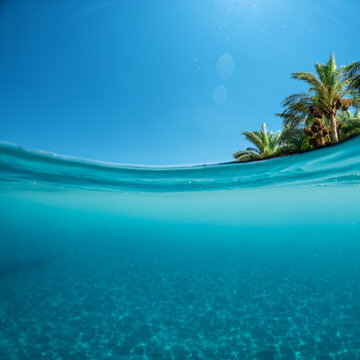 Tropical island palm trees and blue sea bottom splitting water line view.