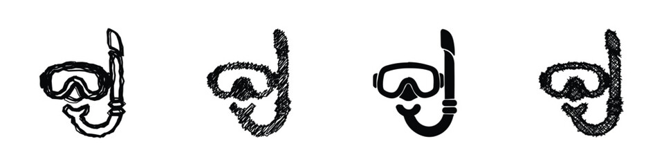 A set of four distinct snorkel mask illustrations, ranging from sketchy to solid black, perfect for aquatic activity themes © Vova7