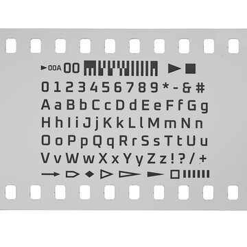 Film strip displaying an array of typographic characters, numbers, and symbols for data representation. Transparent PNG image.