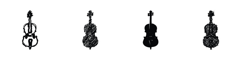 A set of four distinct graphic representations of a cello, showcasing different artistic interpretations from sketch to silhouette © Vova7