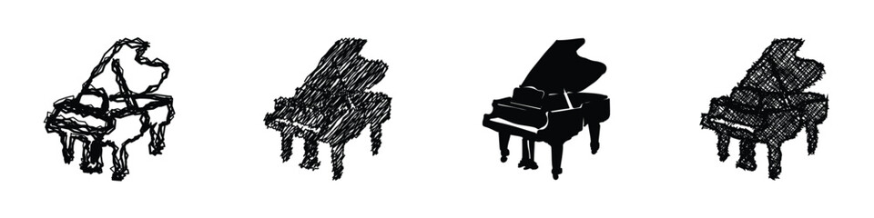 A set of four black and white graphic representations of a grand piano, varying in artistic style from sketch to silhouette © Vova7
