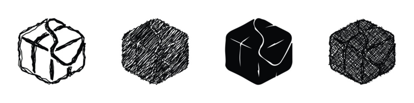 A collection of four distinct cube illustrations, each rendered with unique artistic techniques and textures for varied visual impact